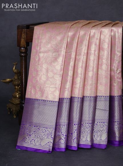 Bangalori tissue silk saree mild peach pink and violet with allover zari woven brocade weaves and long zari woven border