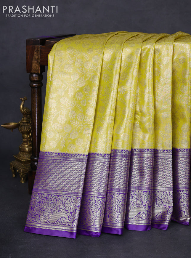 Bangalori tissue silk saree lime yellow and violet with allover zari woven brocade weaves and long zari woven border