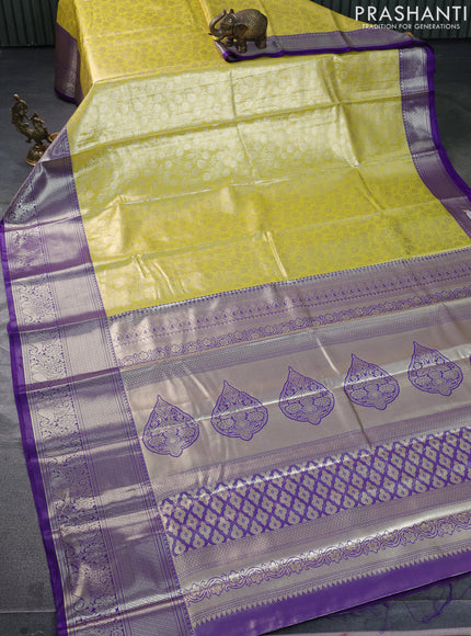 Bangalori tissue silk saree lime yellow and violet with allover zari woven brocade weaves and long zari woven border