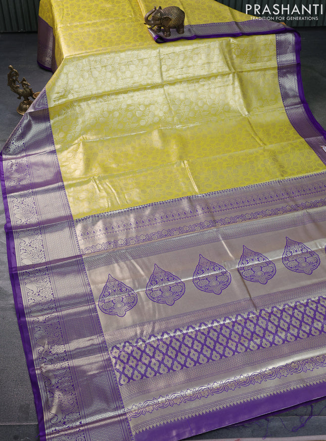 Bangalori tissue silk saree lime yellow and violet with allover zari woven brocade weaves and long zari woven border
