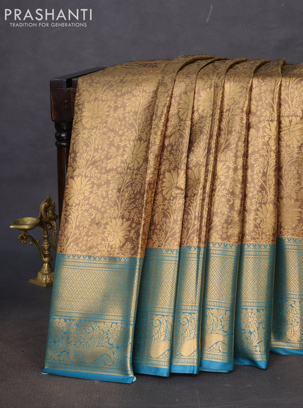 Bangalori tissue silk saree gold and peacock blue shade with allover zari woven brocade weaves and long zari woven border