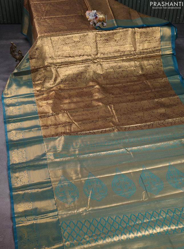 Bangalori tissue silk saree gold and peacock blue shade with allover zari woven brocade weaves and long zari woven border