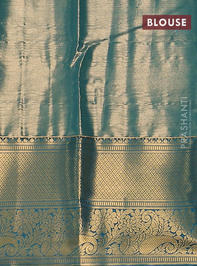 Bangalori tissue silk saree gold and peacock blue shade with allover zari woven brocade weaves and long zari woven border