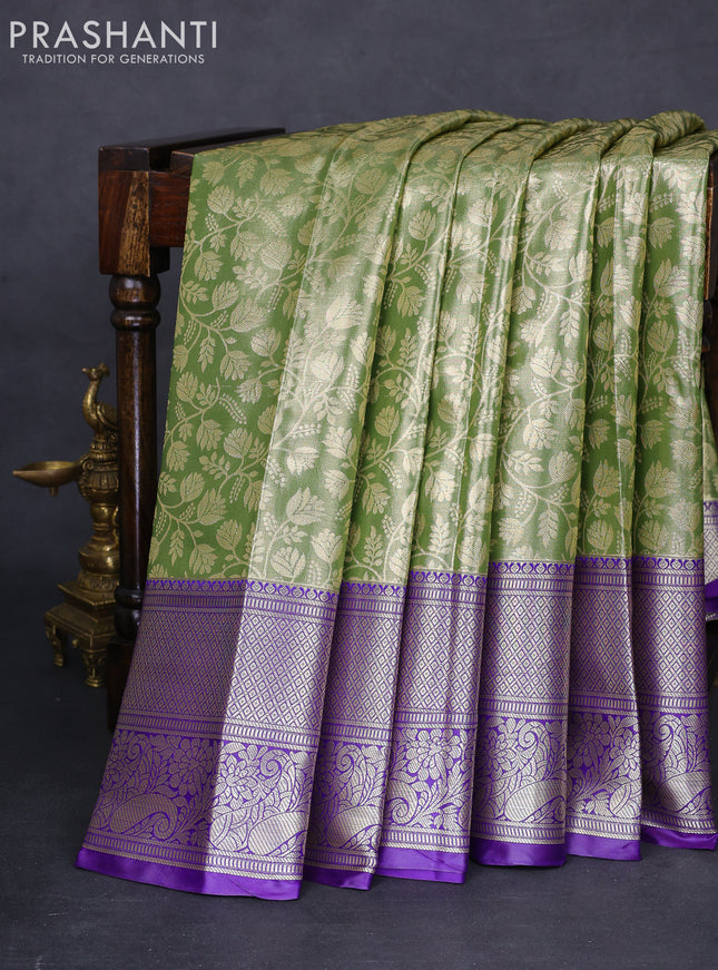 Bangalori tissue silk saree green shade and violet with allover zari woven brocade weaves and long zari woven border