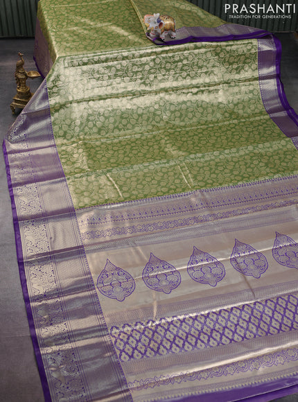 Bangalori tissue silk saree green shade and violet with allover zari woven brocade weaves and long zari woven border