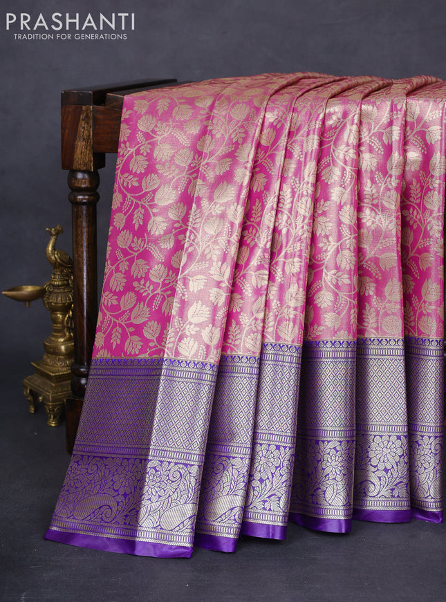 Bangalori tissue silk saree pink and violet with allover zari woven brocade weaves and long zari woven border