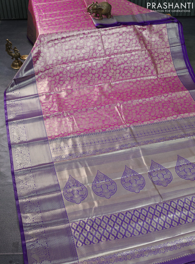 Bangalori tissue silk saree pink and violet with allover zari woven brocade weaves and long zari woven border