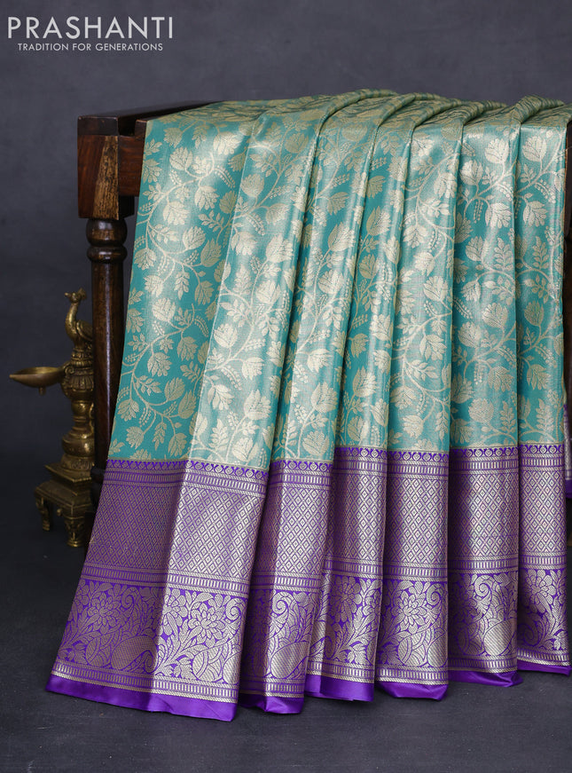 Bangalori tissue silk saree teal green shade and violet with allover zari woven brocade weaves and long zari woven border