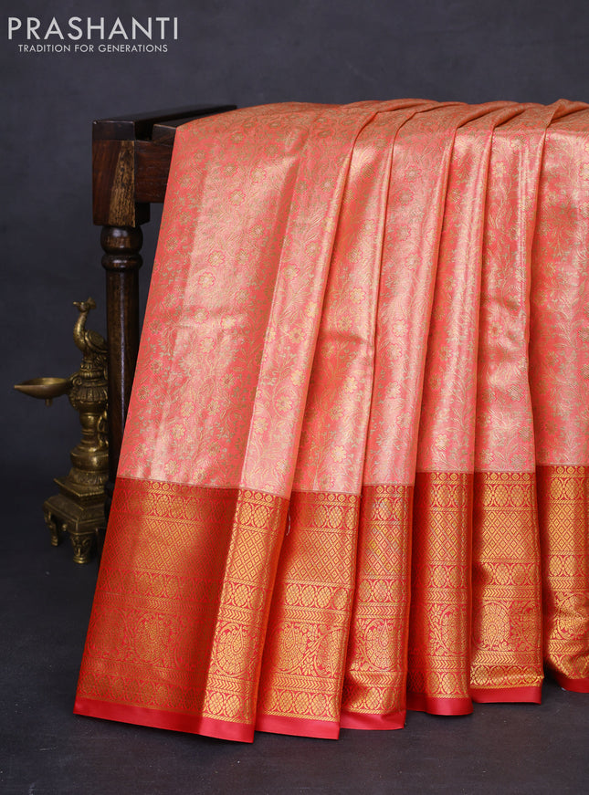 Bangalori tissue silk saree peach pink and red with allover zari woven brocade weaves and long zari woven border