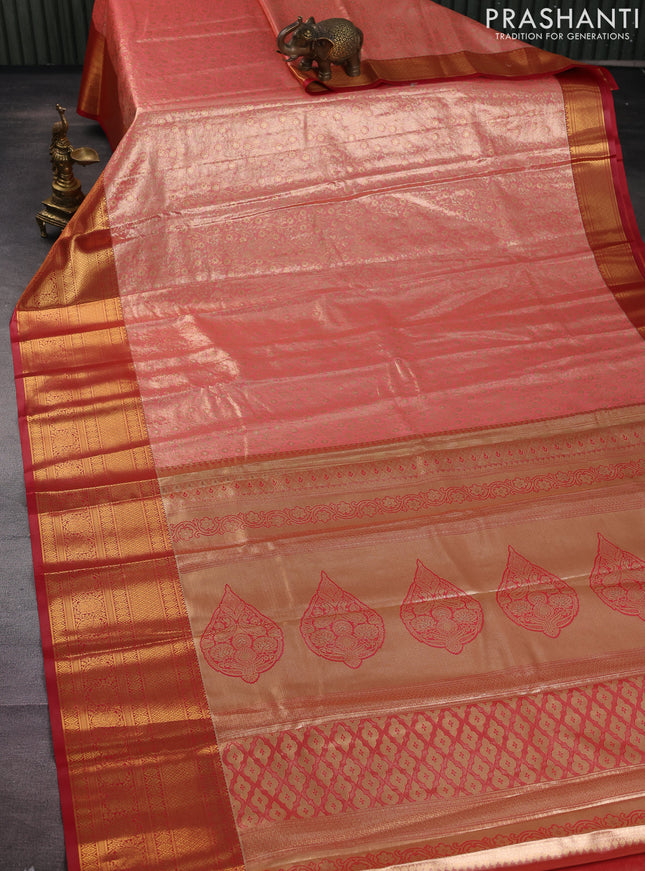 Bangalori tissue silk saree peach pink and red with allover zari woven brocade weaves and long zari woven border