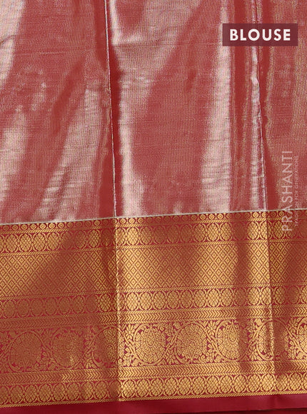 Bangalori tissue silk saree peach pink and red with allover zari woven brocade weaves and long zari woven border