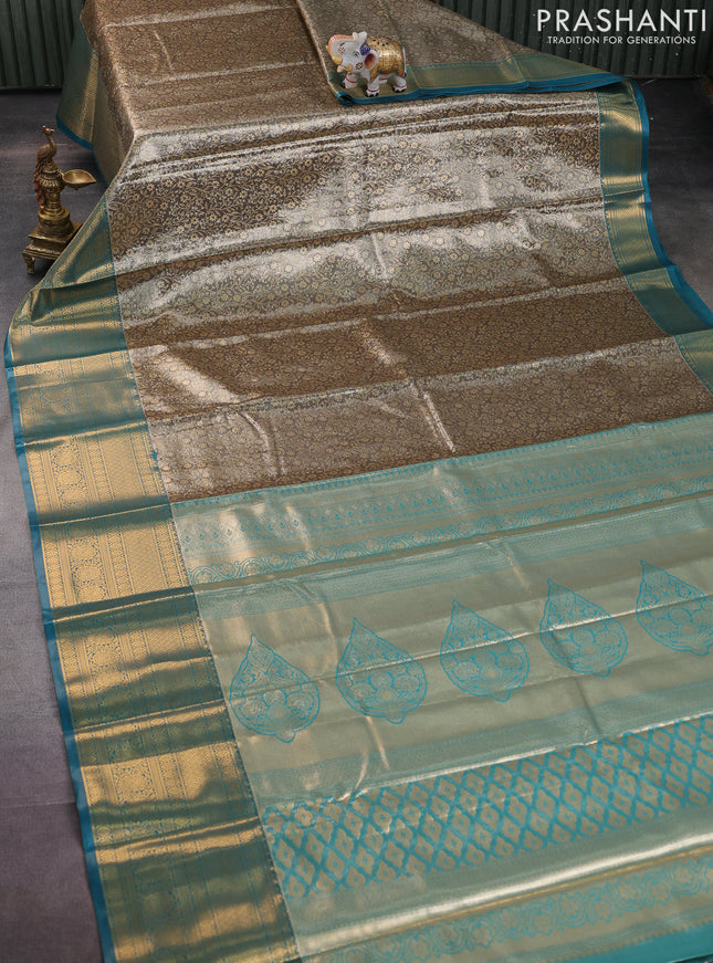 Bangalori tissue silk saree grey shade and peacock blue with allover zari woven brocade weaves and long zari woven border