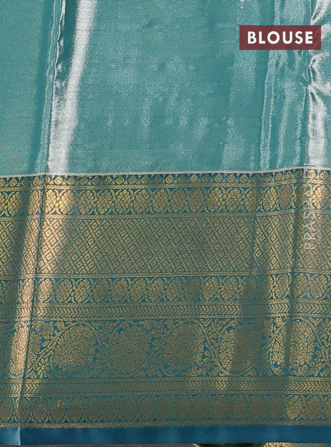Bangalori tissue silk saree grey shade and peacock blue with allover zari woven brocade weaves and long zari woven border