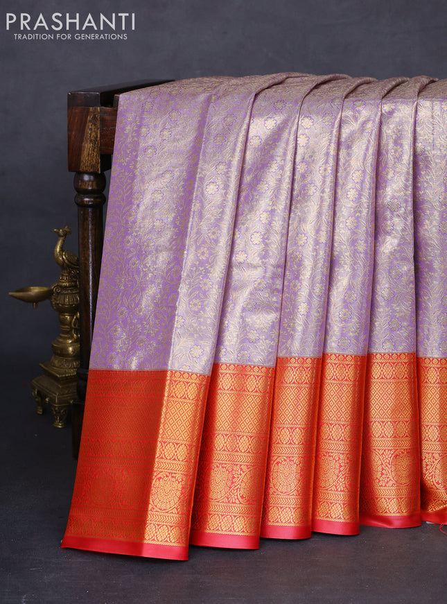Bangalori tissue silk saree lavender and red with allover zari woven brocade weaves and long zari woven border