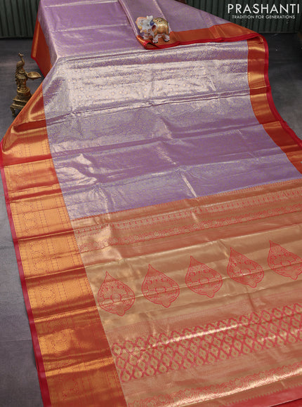 Bangalori tissue silk saree lavender and red with allover zari woven brocade weaves and long zari woven border