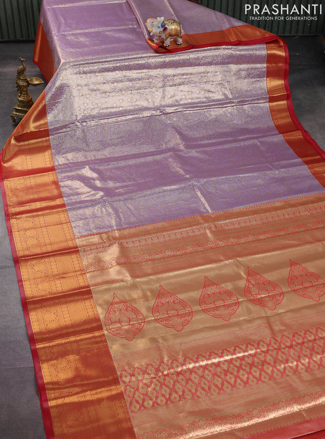 Bangalori tissue silk saree lavender and red with allover zari woven brocade weaves and long zari woven border