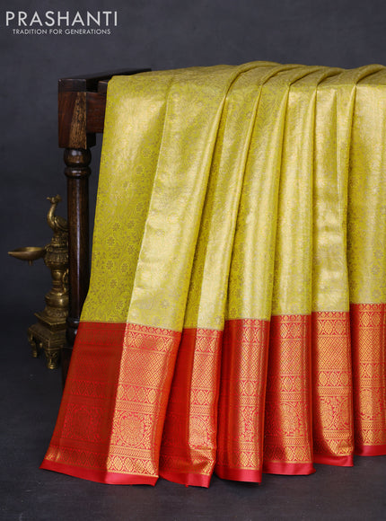 Bangalori tissue silk saree yellow and red with allover zari woven brocade weaves and long zari woven border