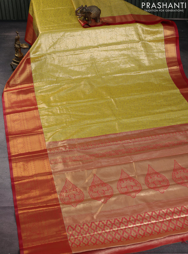 Bangalori tissue silk saree yellow and red with allover zari woven brocade weaves and long zari woven border