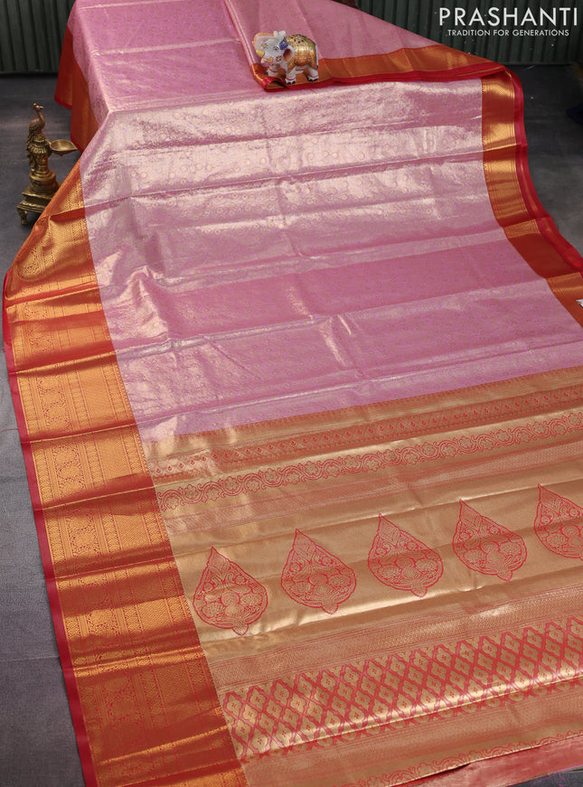 Bangalori tissue silk saree light pink and red with allover zari woven brocade weaves and long zari woven border