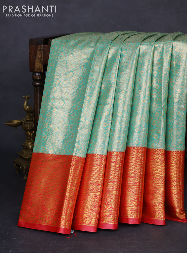 Bangalori tissue silk saree teal green shade and red with allover zari woven brocade weaves and long zari woven border