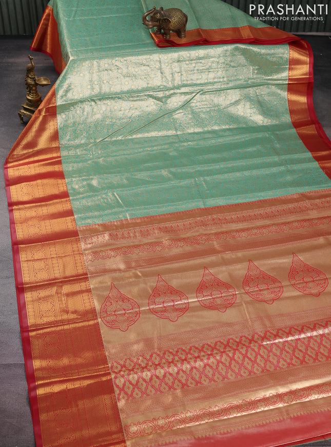 Bangalori tissue silk saree teal green shade and red with allover zari woven brocade weaves and long zari woven border