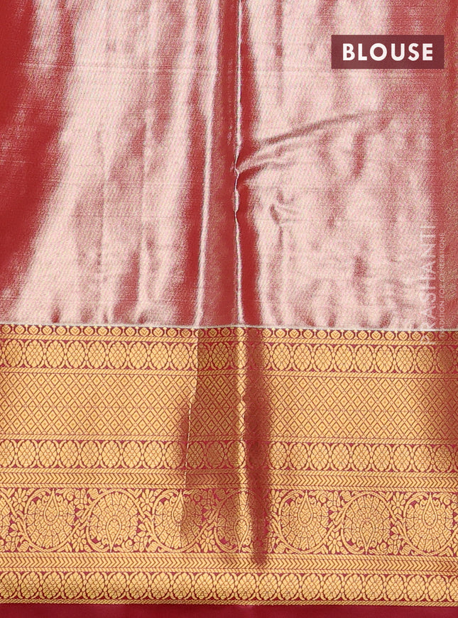 Bangalori tissue silk saree teal green shade and red with allover zari woven brocade weaves and long zari woven border
