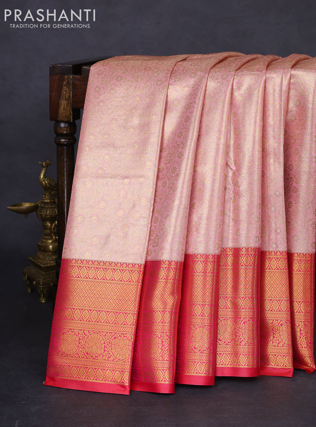 Bangalori tissue silk saree mild peach pink and pink with allover zari woven brocade weaves and long zari woven border