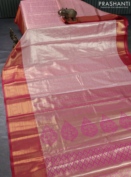 Bangalori tissue silk saree mild peach pink and pink with allover zari woven brocade weaves and long zari woven border