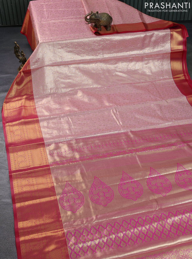 Bangalori tissue silk saree mild peach pink and pink with allover zari woven brocade weaves and long zari woven border