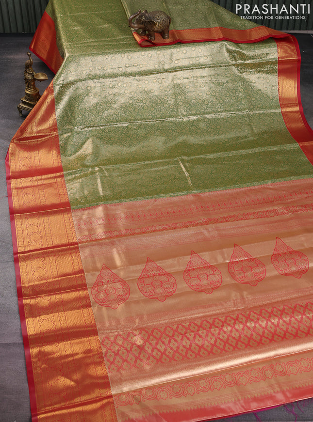 Bangalori tissue silk saree green and red with allover zari woven brocade weaves and long zari woven border