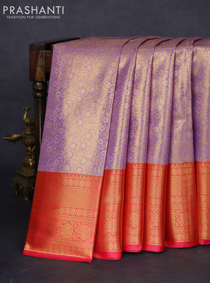 Bangalori tissue silk saree lavender and red with allover zari woven brocade weaves and long zari woven border