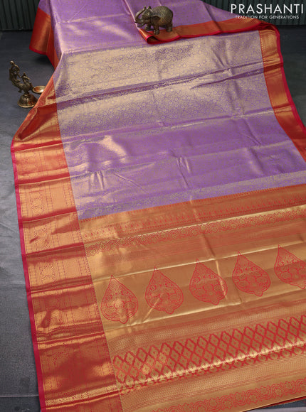 Bangalori tissue silk saree lavender and red with allover zari woven brocade weaves and long zari woven border