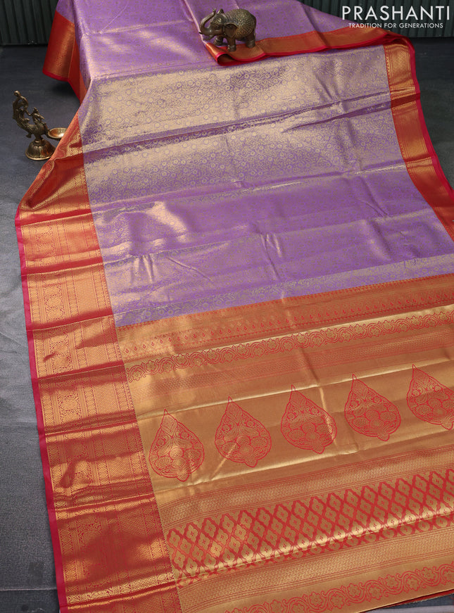 Bangalori tissue silk saree lavender and red with allover zari woven brocade weaves and long zari woven border