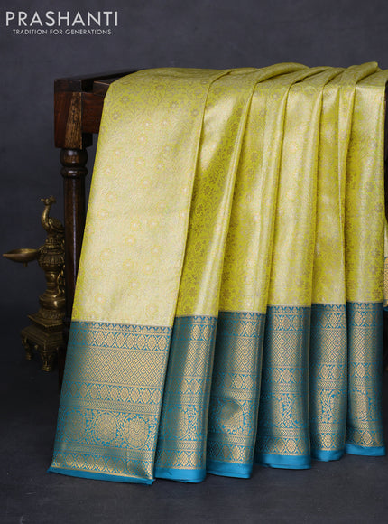 Bangalori tissue silk saree lime yellow and peacock blue with allover zari woven brocade weaves and long zari woven border