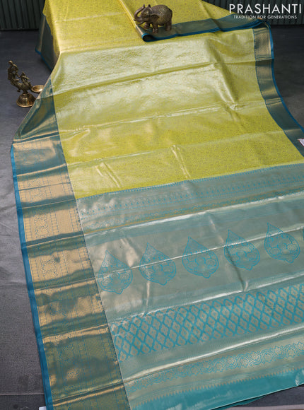 Bangalori tissue silk saree lime yellow and peacock blue with allover zari woven brocade weaves and long zari woven border
