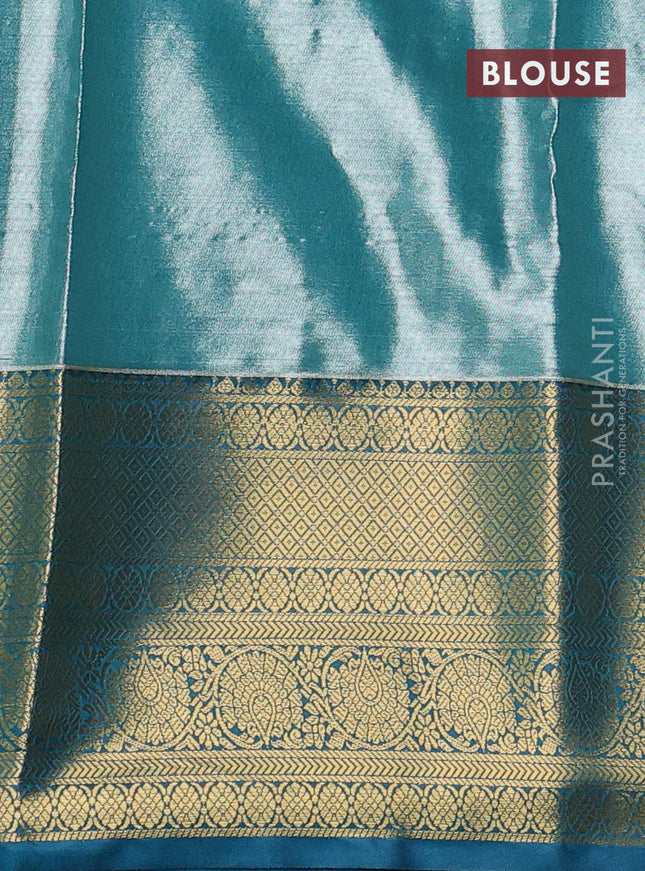 Bangalori tissue silk saree lime yellow and peacock blue with allover zari woven brocade weaves and long zari woven border