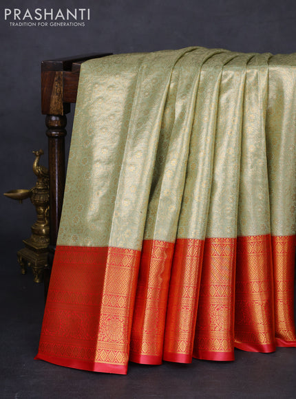 Bangalori tissue silk saree pista green and red with allover zari woven brocade weaves and long zari woven border