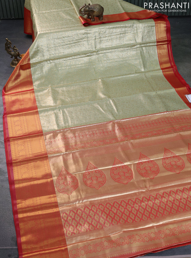 Bangalori tissue silk saree pista green and red with allover zari woven brocade weaves and long zari woven border