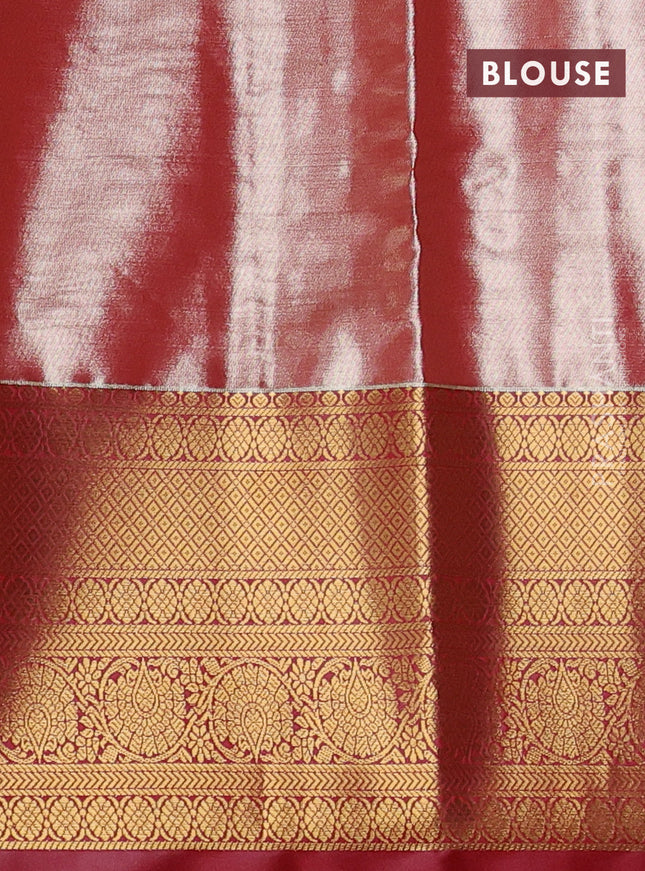 Bangalori tissue silk saree pista green and red with allover zari woven brocade weaves and long zari woven border