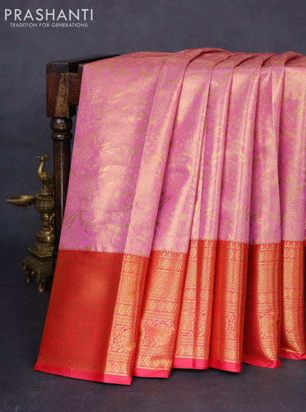 Bangalori tissue silk saree light pink and pink with allover zari woven brocade weaves and long zari woven border