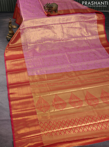 Bangalori tissue silk saree light pink and pink with allover zari woven brocade weaves and long zari woven border