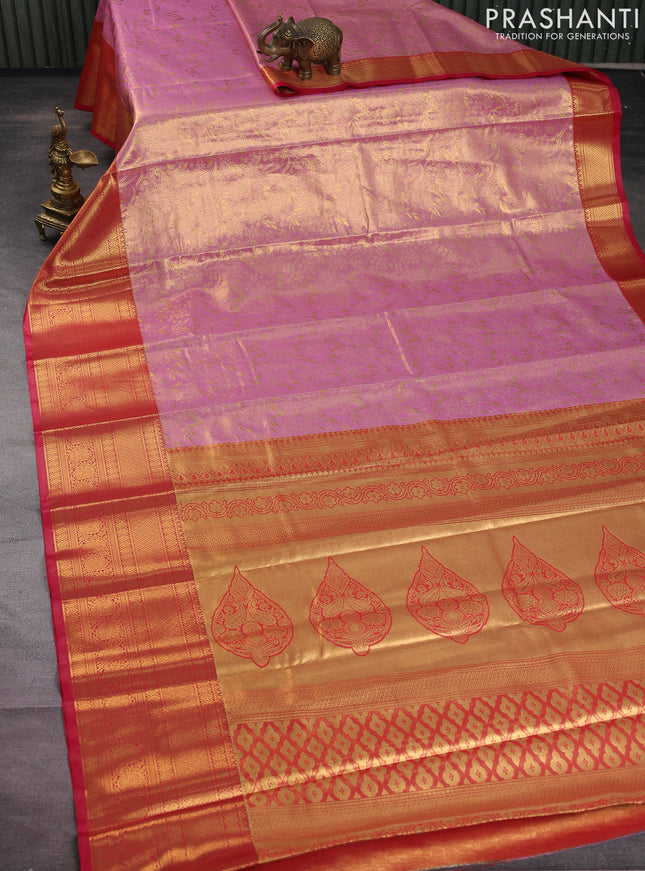 Bangalori tissue silk saree light pink and pink with allover zari woven brocade weaves and long zari woven border