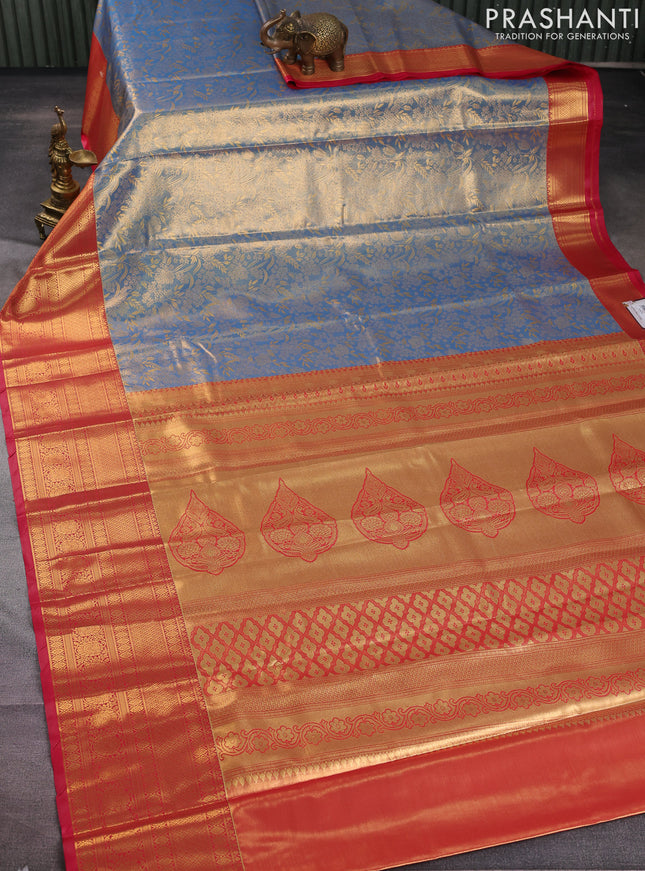 Bangalori tissue silk saree dual shade of blue and pink with allover zari woven brocade weaves and long zari woven border