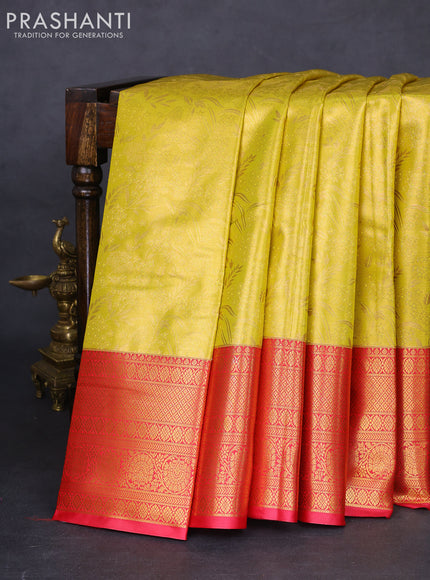Bangalori tissue silk saree yellow and pink with allover zari woven brocade weaves and long zari woven border