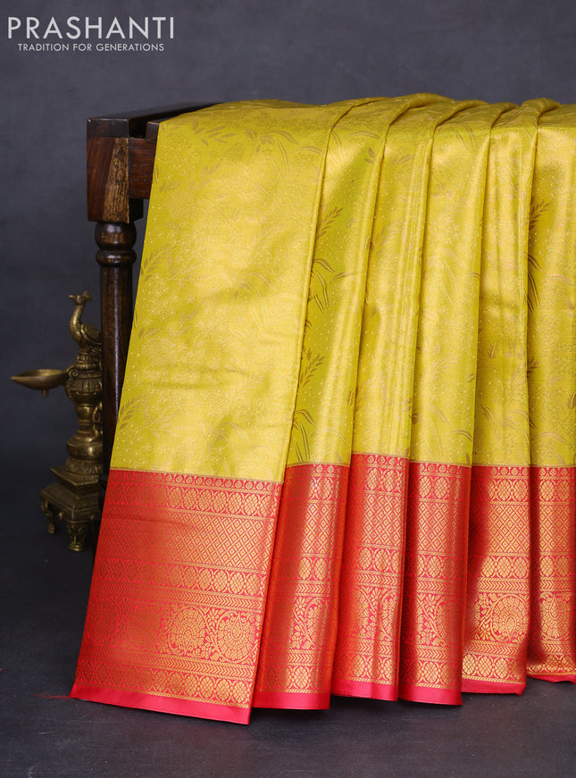 Bangalori tissue silk saree yellow and pink with allover zari woven brocade weaves and long zari woven border