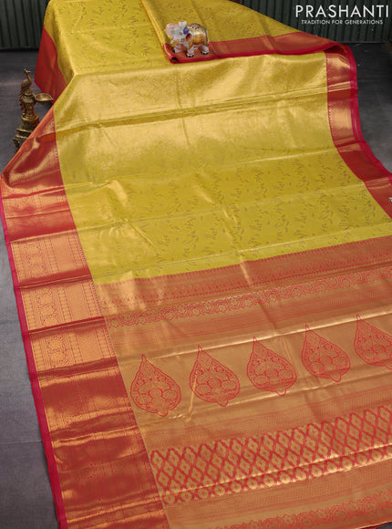 Bangalori tissue silk saree yellow and pink with allover zari woven brocade weaves and long zari woven border