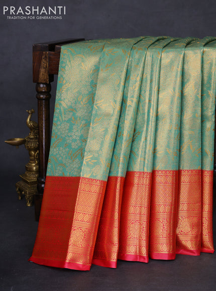 Bangalori tissue silk saree teal green shade and pink with allover zari woven brocade weaves and long zari woven border