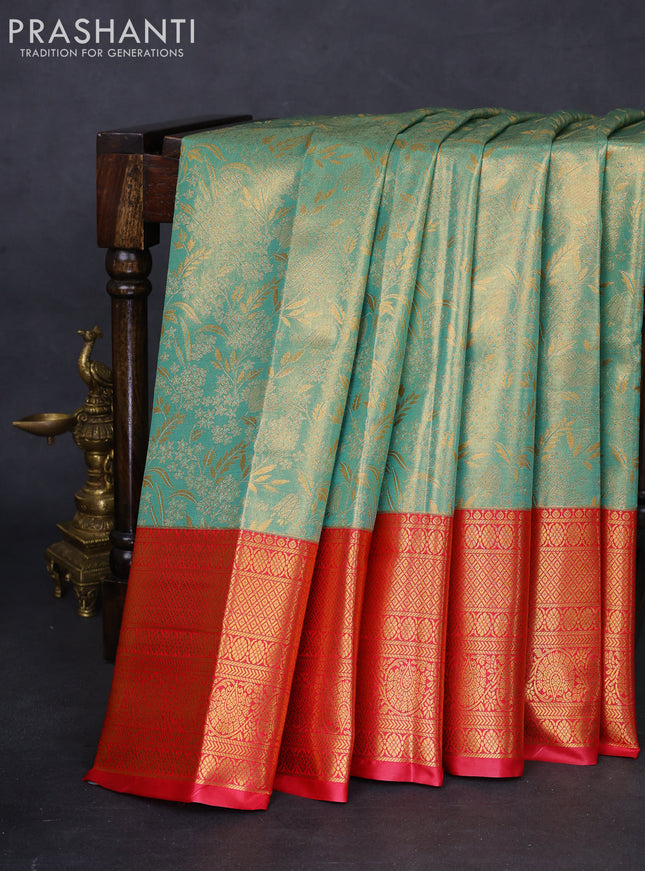 Bangalori tissue silk saree teal green shade and pink with allover zari woven brocade weaves and long zari woven border