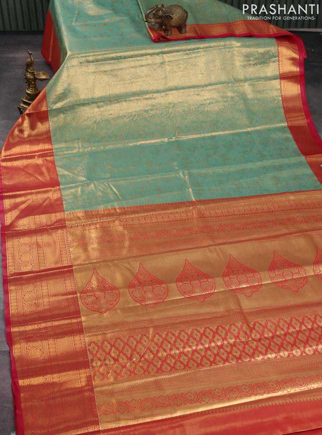 Bangalori tissue silk saree teal green shade and pink with allover zari woven brocade weaves and long zari woven border