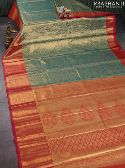 Bangalori tissue silk saree teal green shade and pink with allover zari woven brocade weaves and long zari woven border